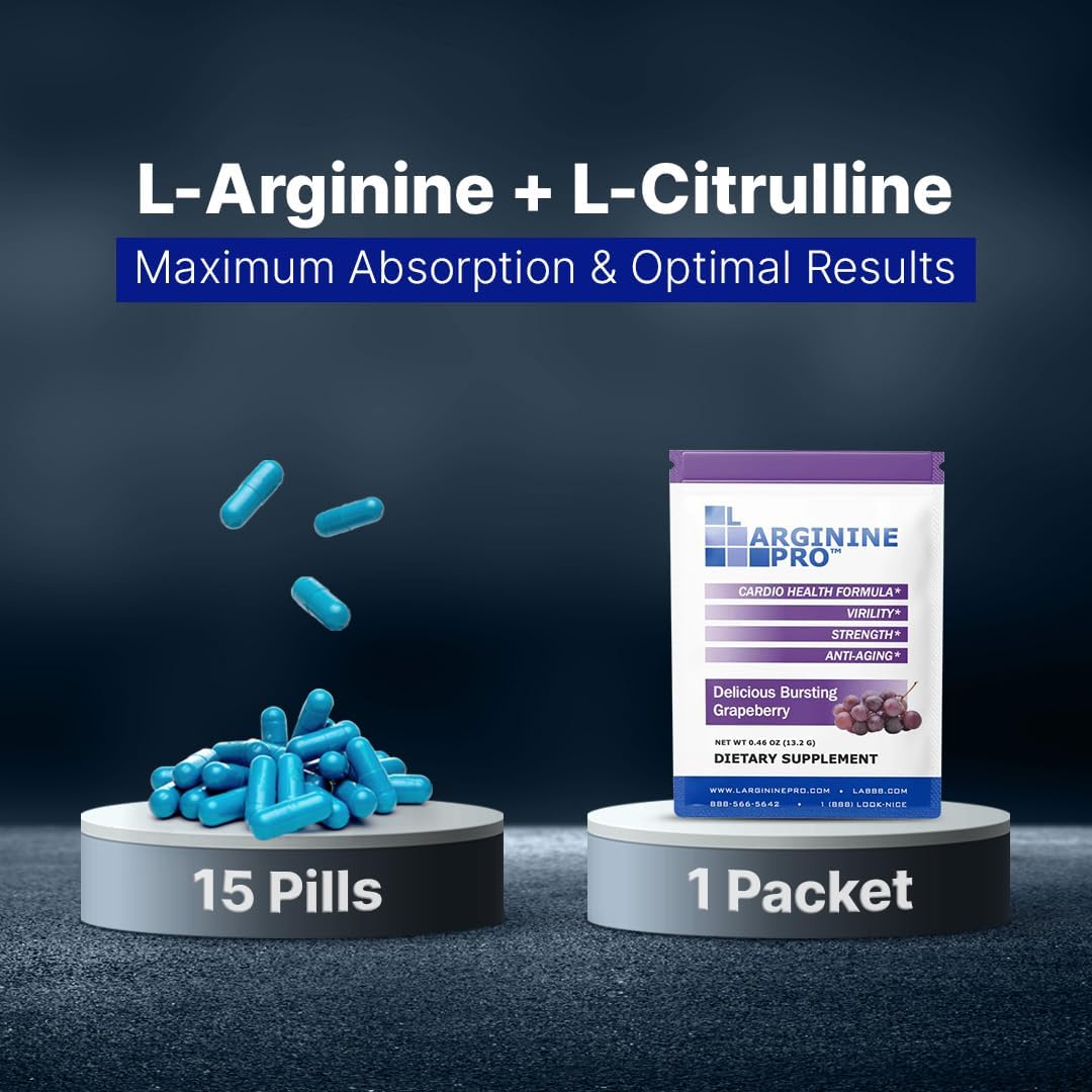 L-ARGININE PRO Travel Packets - 5,500mg L-arginine, 1,100mg L-Citrulline (Grape Berry, 30 Packets)