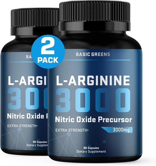 L-Arginine Supplement 3150mg (180 Capsules) - Nitric Oxide Booster for Men and Women with Basic Greens Formula