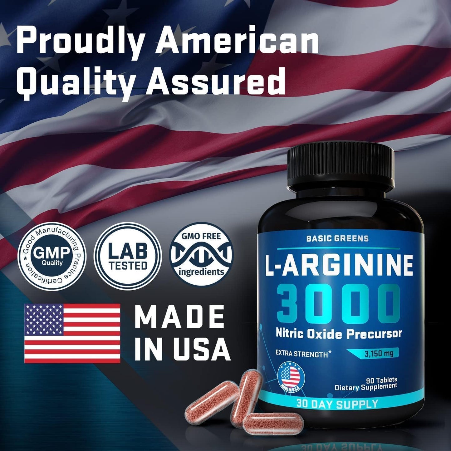 L-Arginine Supplement 3150mg (180 Capsules) - Nitric Oxide Booster for Men and Women with Basic Greens Formula