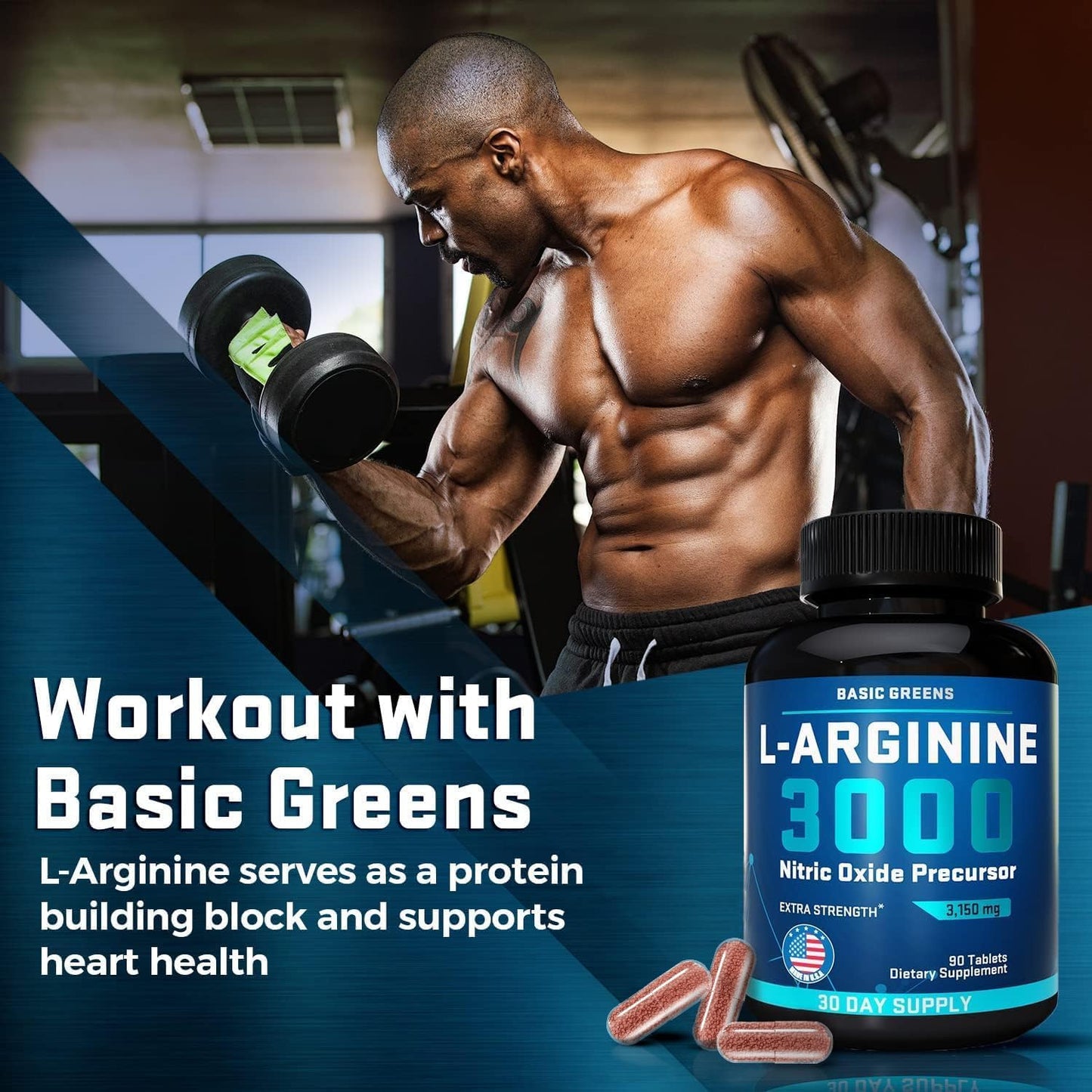 L-Arginine Supplement 3150mg (180 Capsules) - Nitric Oxide Booster for Men and Women with Basic Greens Formula