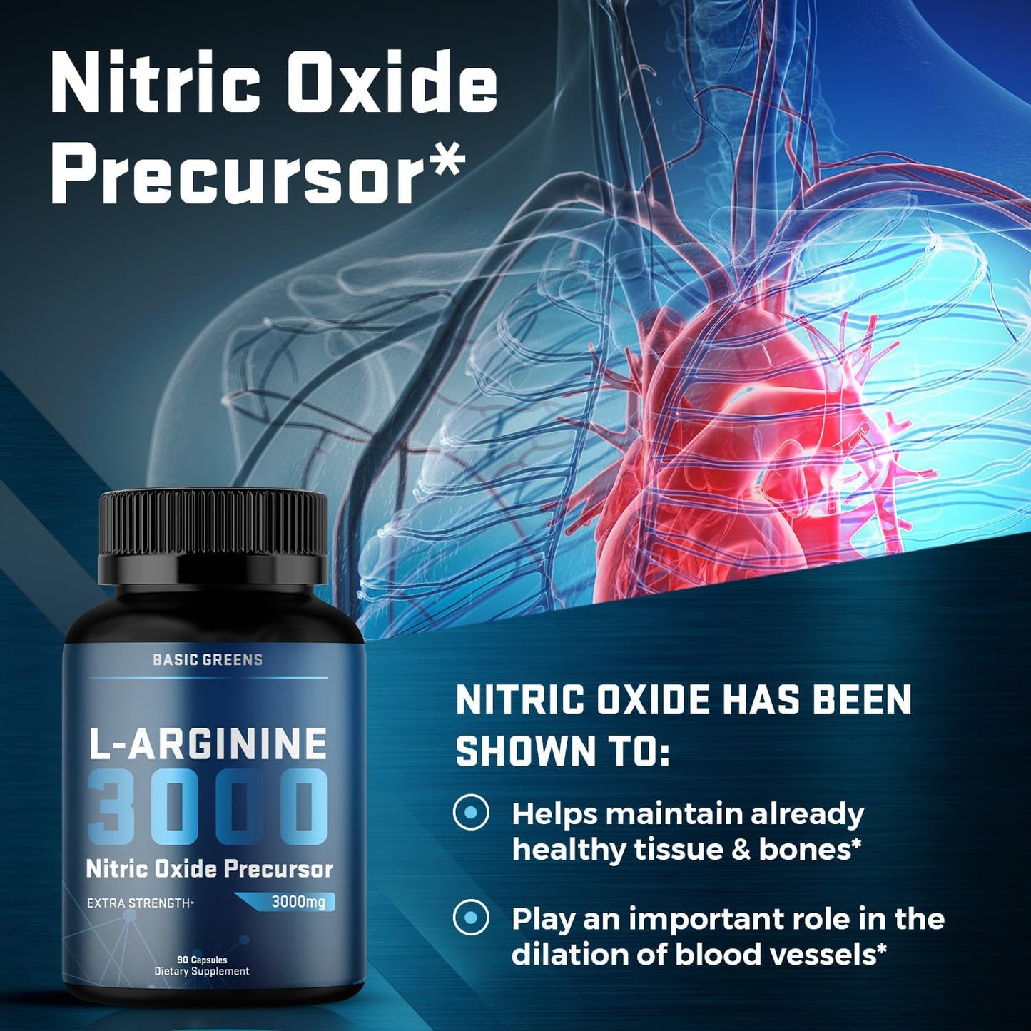 L-Arginine Supplement 3150mg (180 Capsules) - Nitric Oxide Booster for Men and Women with Basic Greens Formula