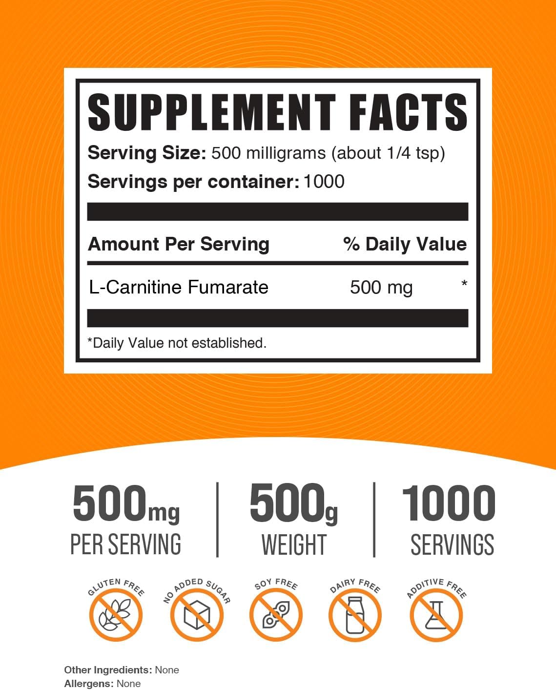 L-Carnitine Fumarate Powder - 500mg per Serving, Gluten Free Supplement - 500g (1.1 lbs) Pack of 1
