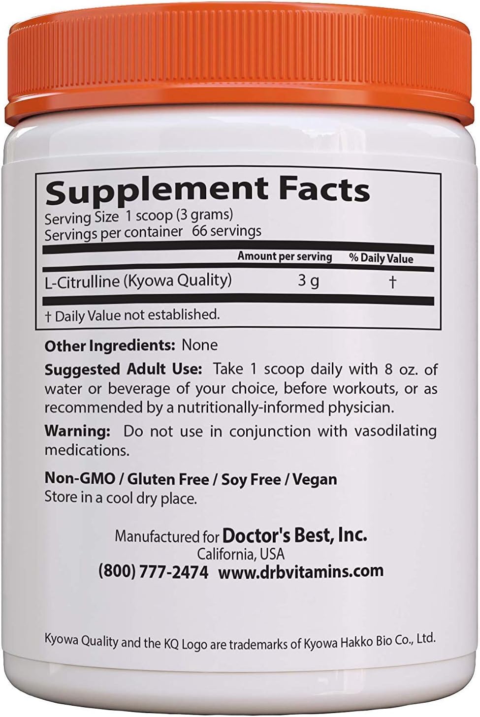 L-Citrulline Powder for Circulatory Health - Doctor's Best, Non-GMO, Gluten-Free, Soy-Free, Vegan - 7 oz (200g)