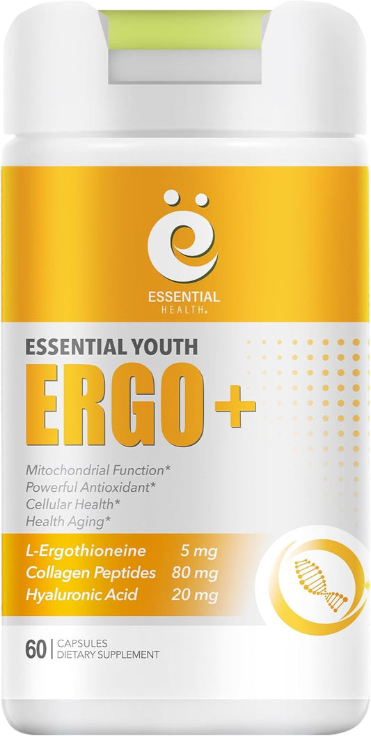 L-Ergothioneine with Collagen Peptides, Hyaluronic Acid, Vitamin C & E - Antioxidant for Longevity & Healthy Aging - Gluten-Free, 60 Capsules