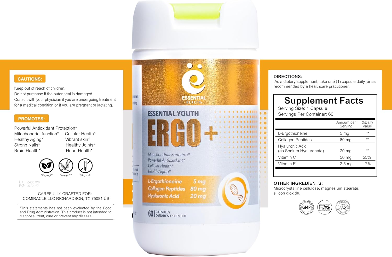 L-Ergothioneine with Collagen Peptides, Hyaluronic Acid, Vitamin C & E - Antioxidant for Longevity & Healthy Aging - Gluten-Free, 60 Capsules