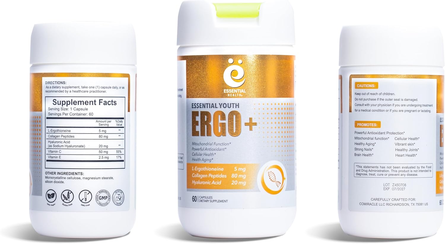 L-Ergothioneine with Collagen Peptides, Hyaluronic Acid, Vitamin C & E - Antioxidant for Longevity & Healthy Aging - Gluten-Free, 60 Capsules