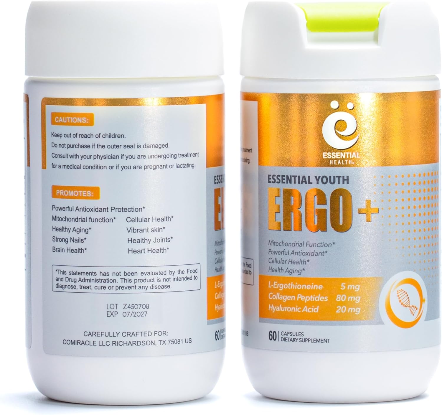 L-Ergothioneine with Collagen Peptides, Hyaluronic Acid, Vitamin C & E - Antioxidant for Longevity & Healthy Aging - Gluten-Free, 60 Capsules