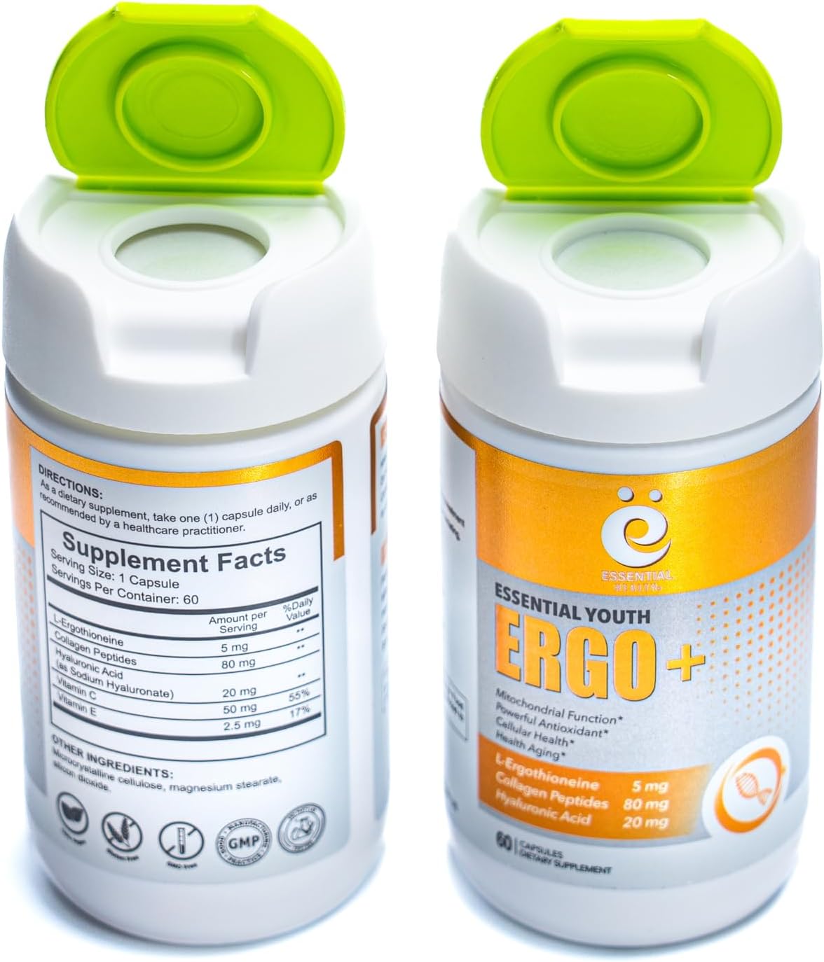 L-Ergothioneine with Collagen Peptides, Hyaluronic Acid, Vitamin C & E - Antioxidant for Longevity & Healthy Aging - Gluten-Free, 60 Capsules