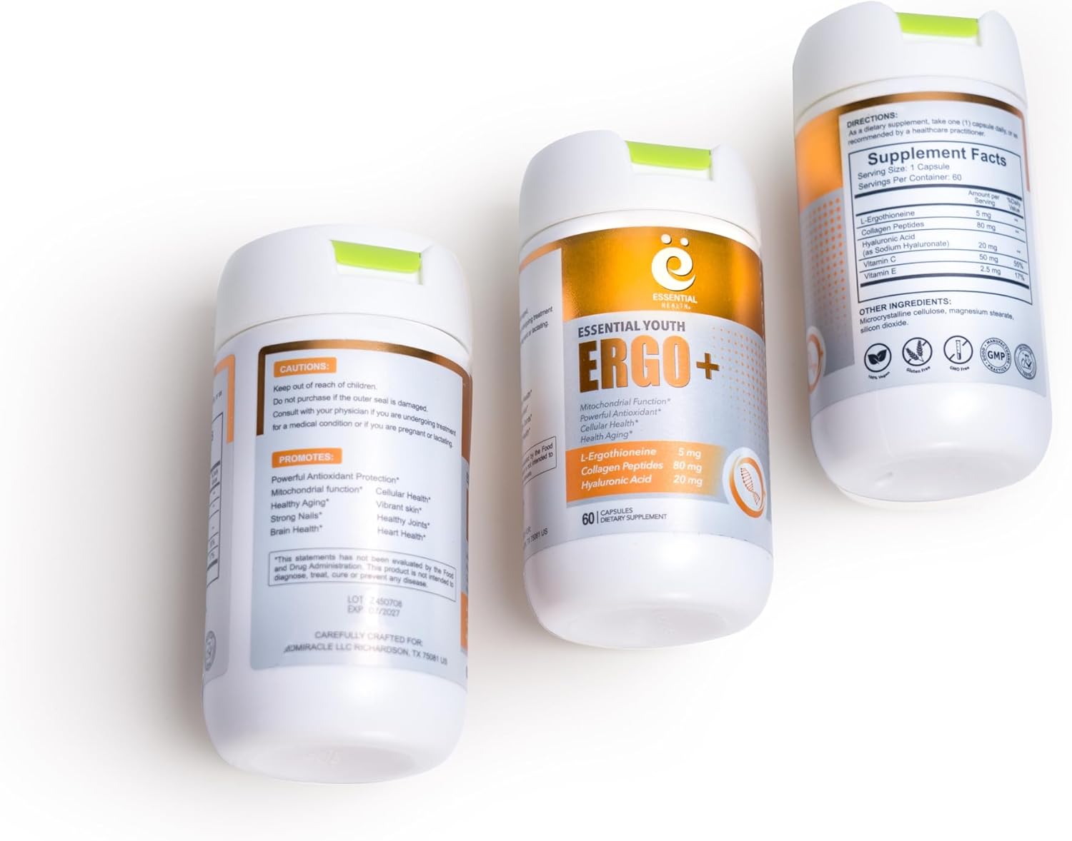 L-Ergothioneine with Collagen Peptides, Hyaluronic Acid, Vitamin C & E - Antioxidant for Longevity & Healthy Aging - Gluten-Free, 60 Capsules