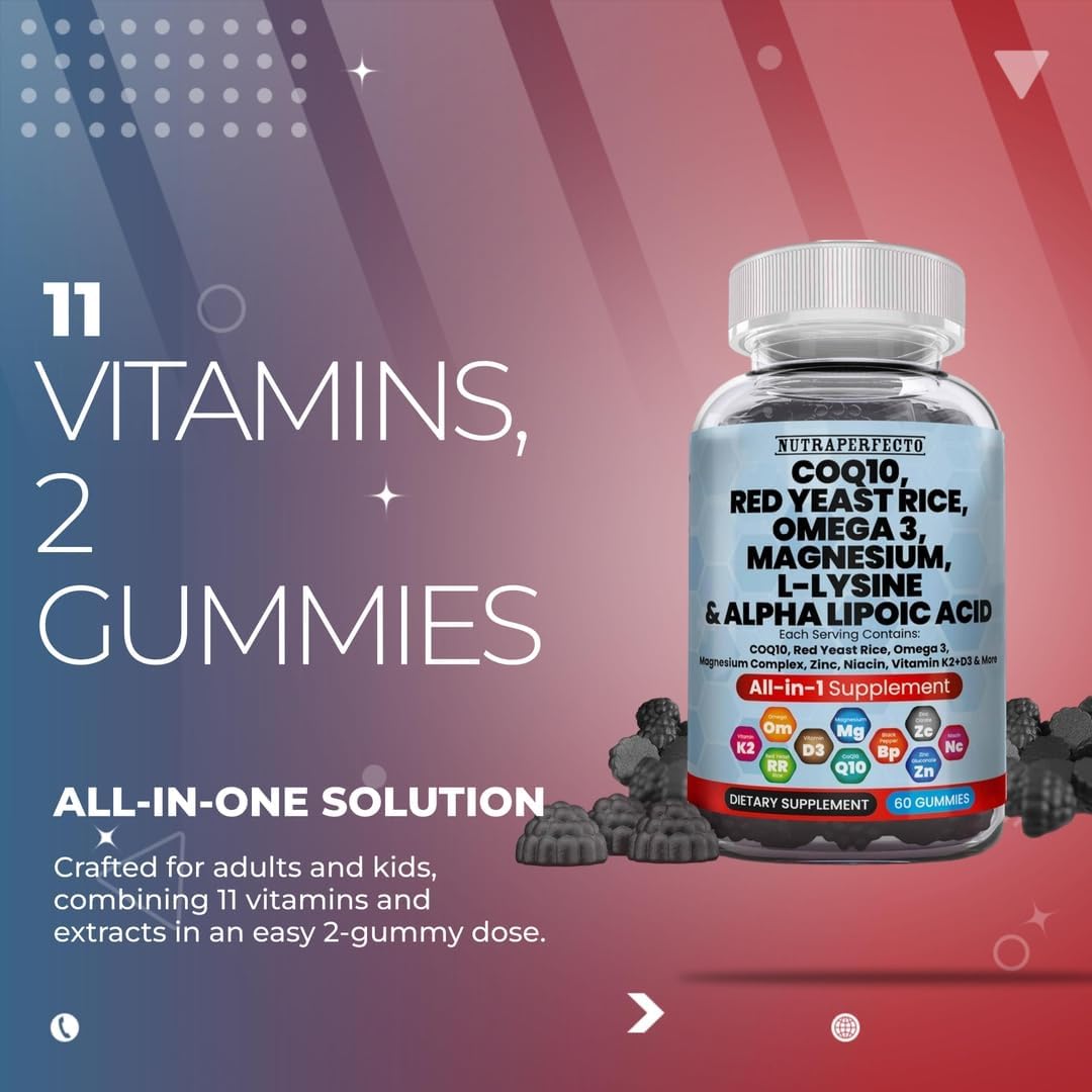 L-Lysine Coq10 Alpha Lipoic Acid Gummies with Red Yeast Rice and Magnesium - Amino Acid Supplements for Adults and Kids - Contains Omega 3 Niacin Zinc Vitamin K2 D3 B3 - 60 Gummy Bears for Women and Men