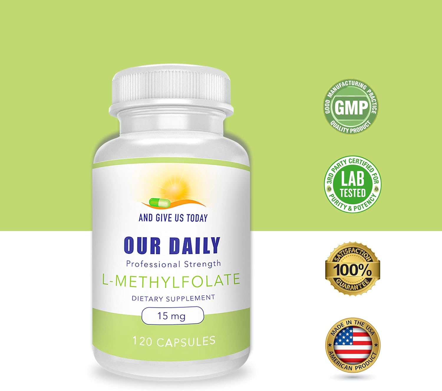 L-Methylfolate 15 mg Maximum Strength Folate Capsules, 5-MTHF, Gluten-Free, Non-GMO, Vegetarian (4 Months Supply)