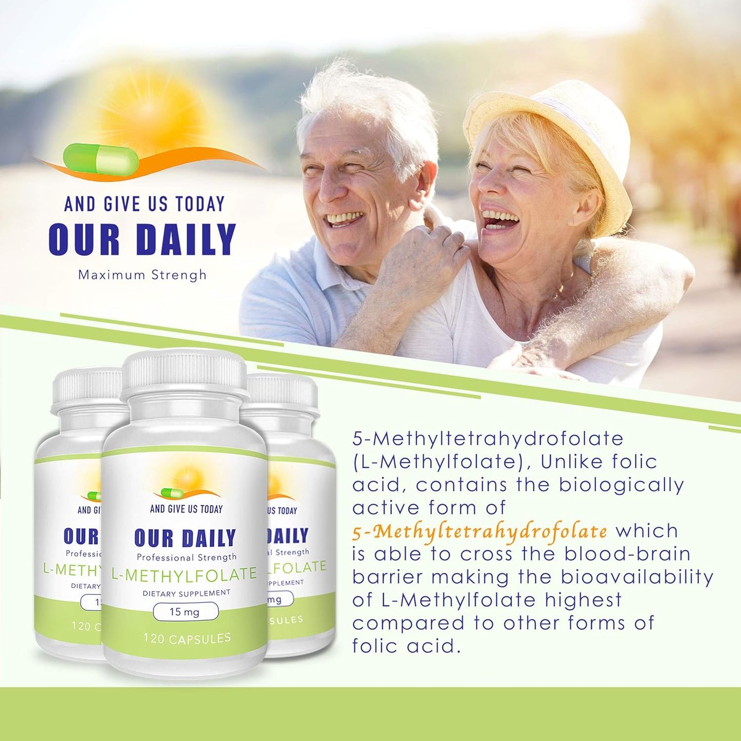 L-Methylfolate 15 mg Maximum Strength Folate Capsules, 5-MTHF, Gluten-Free, Non-GMO, Vegetarian (4 Months Supply)