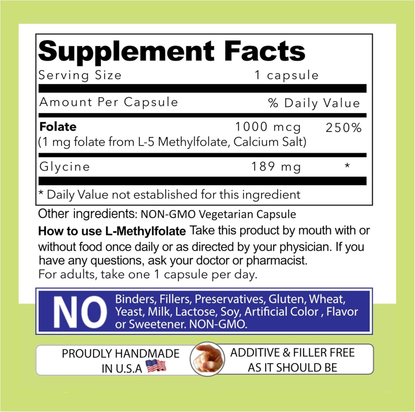 L-Methylfolate 1mg Maximum Strength Folate Capsules - 90 Count, Non-GMO, Gluten Free