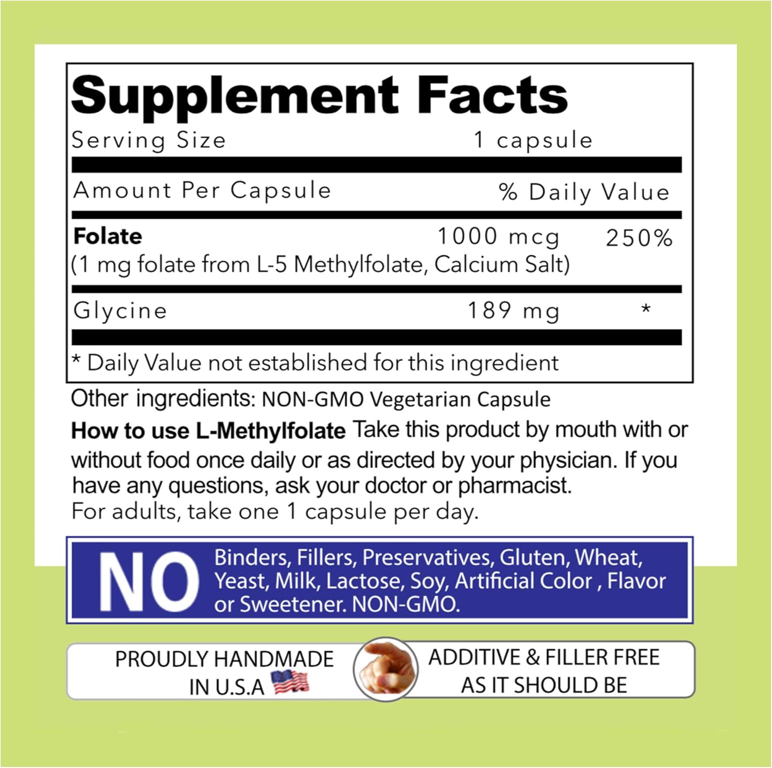 L-Methylfolate 1mg Maximum Strength Folate Capsules - 90 Count, Non-GMO, Gluten Free