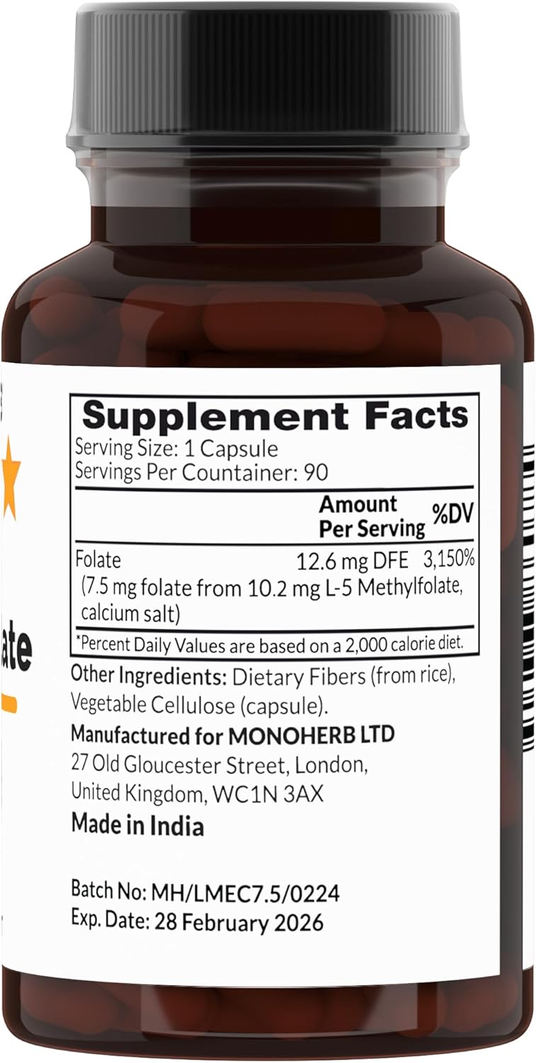 L-Methylfolate 7.5 mg - 90 Vegetarian Capsules - Monoherb Methyl Folate Dietary Supplement