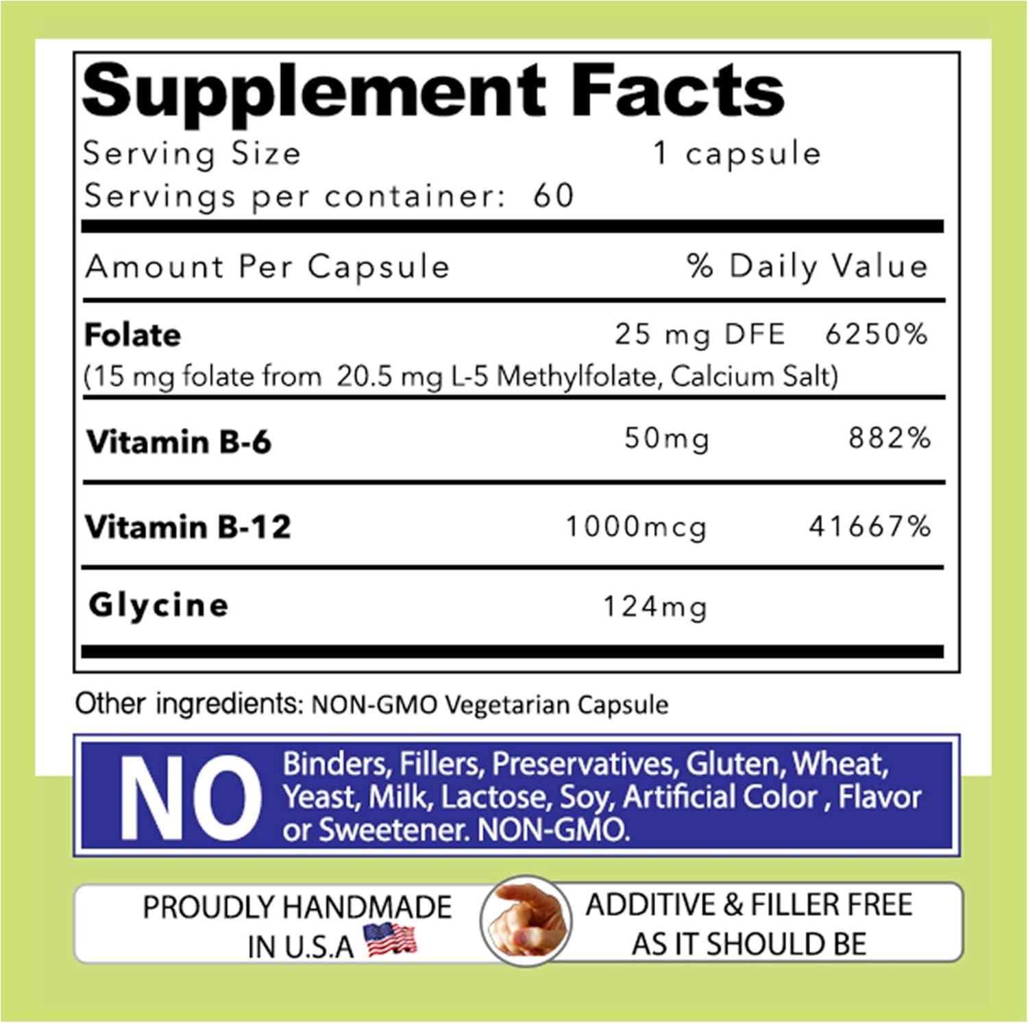 L-Methylfolate B Complex Cofactors with Essential Amino Acids - Active Folate, B12, B6, Glycine - 60 Count