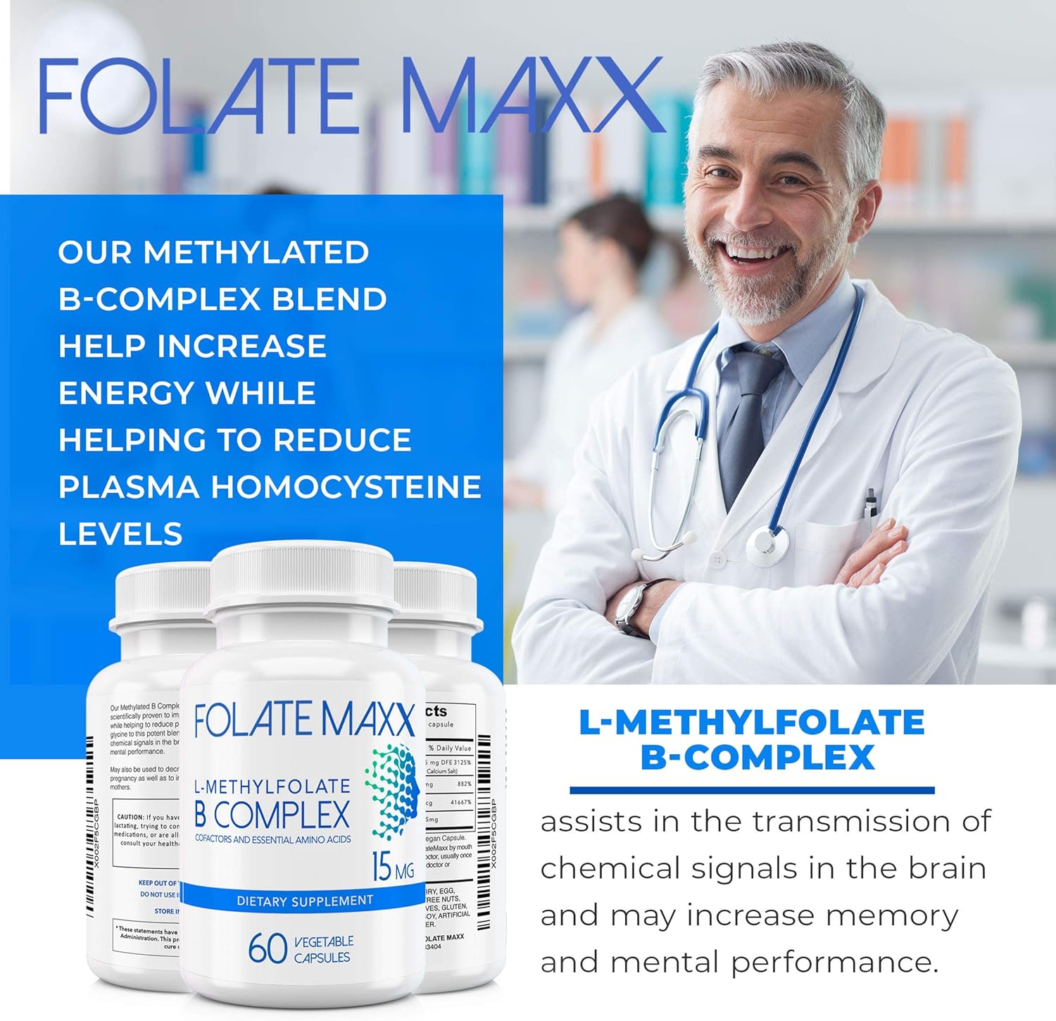 L-Methylfolate B12 B6 Blend Capsules - FolateMaxx FolateMaxx 15mg - Active B-Complex with Cofactors & Amino Acids - Non GMO, Gluten Free