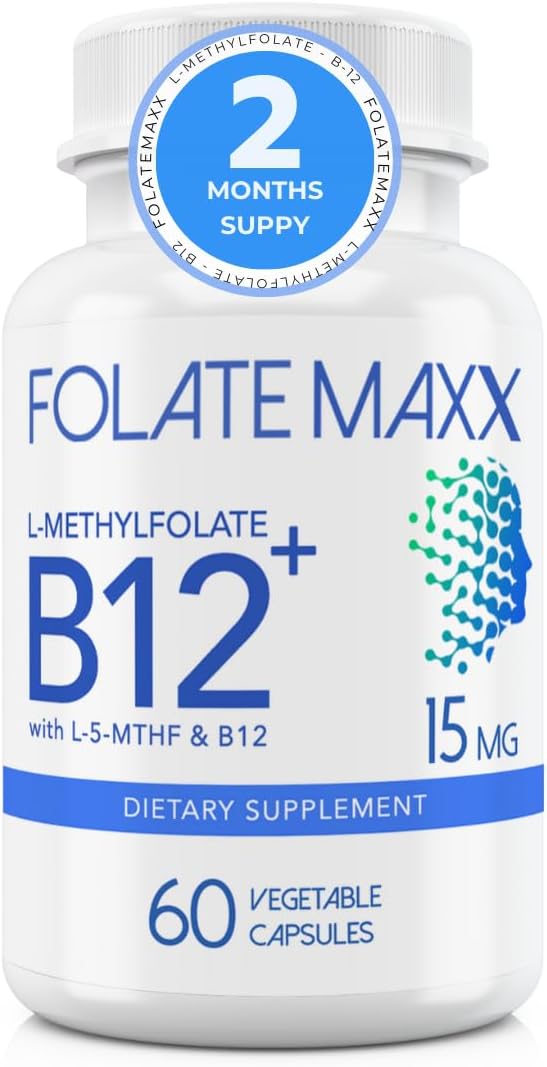 L-Methylfolate & B12 Methylcobalamin 15mg Capsules - Folate & B12 Supplement - Active Folic Acid for Men & Women - Non GMO, Gluten Free