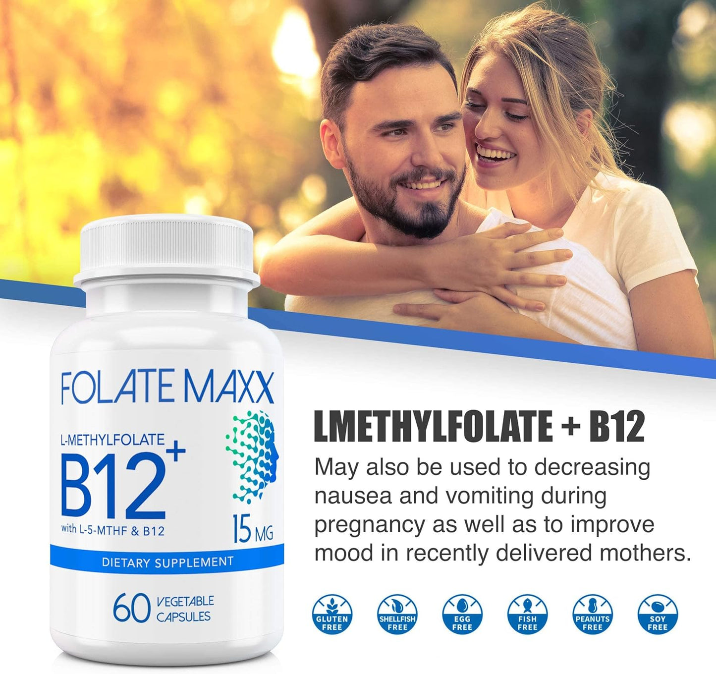 L-Methylfolate & B12 Methylcobalamin 15mg Capsules - Folate & B12 Supplement - Active Folic Acid for Men & Women - Non GMO, Gluten Free