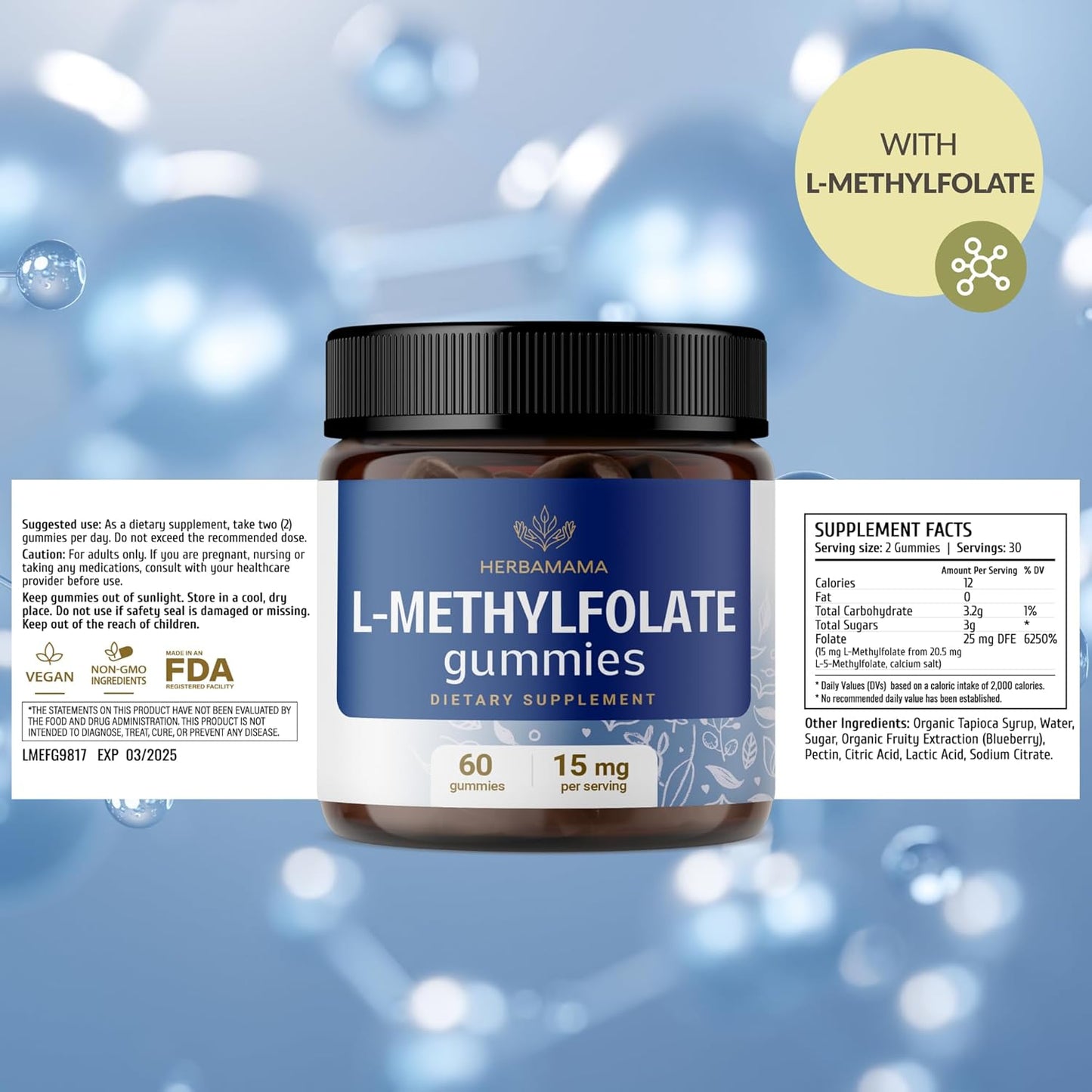 L-Methylfolate Gummies - 15mg 5-MTHF Vegan Supplement for Brain Support - 60 Blueberry-Flavored Chews