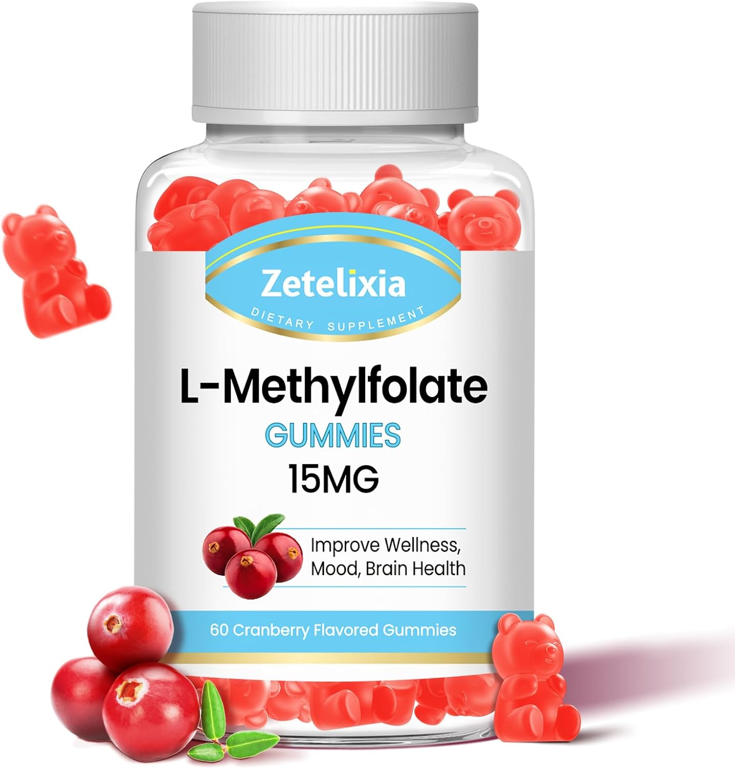 L-Methylfolate Gummies 15mg with Methylated B12 - Supports MTHFR Mutation, Methylation, Mood & Cognition - Vegan Cranberry Flavor - 60 Count
