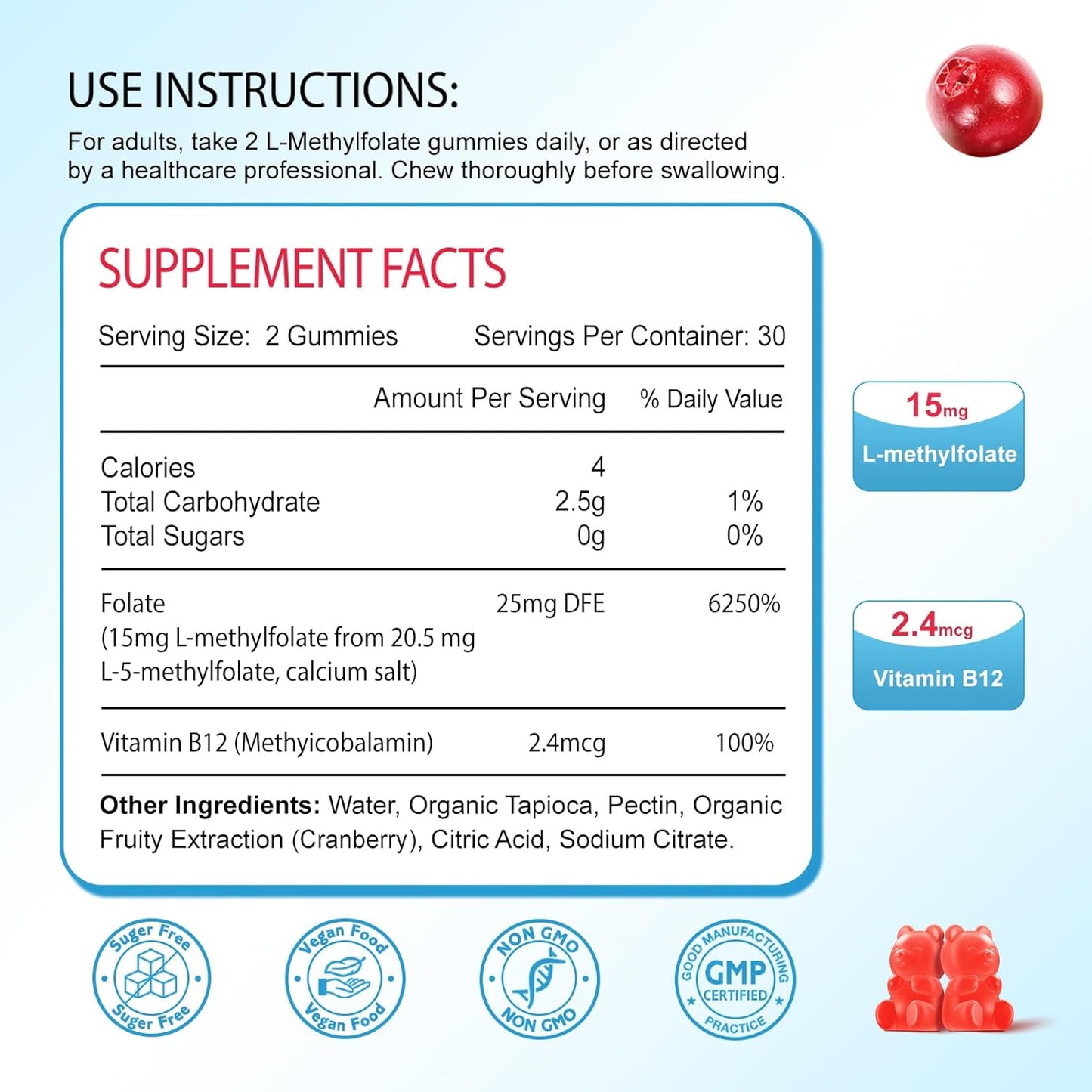 L-Methylfolate Gummies 15mg with Methylated B12 - Supports MTHFR Mutation, Methylation, Mood & Cognition - Vegan Cranberry Flavor - 60 Count
