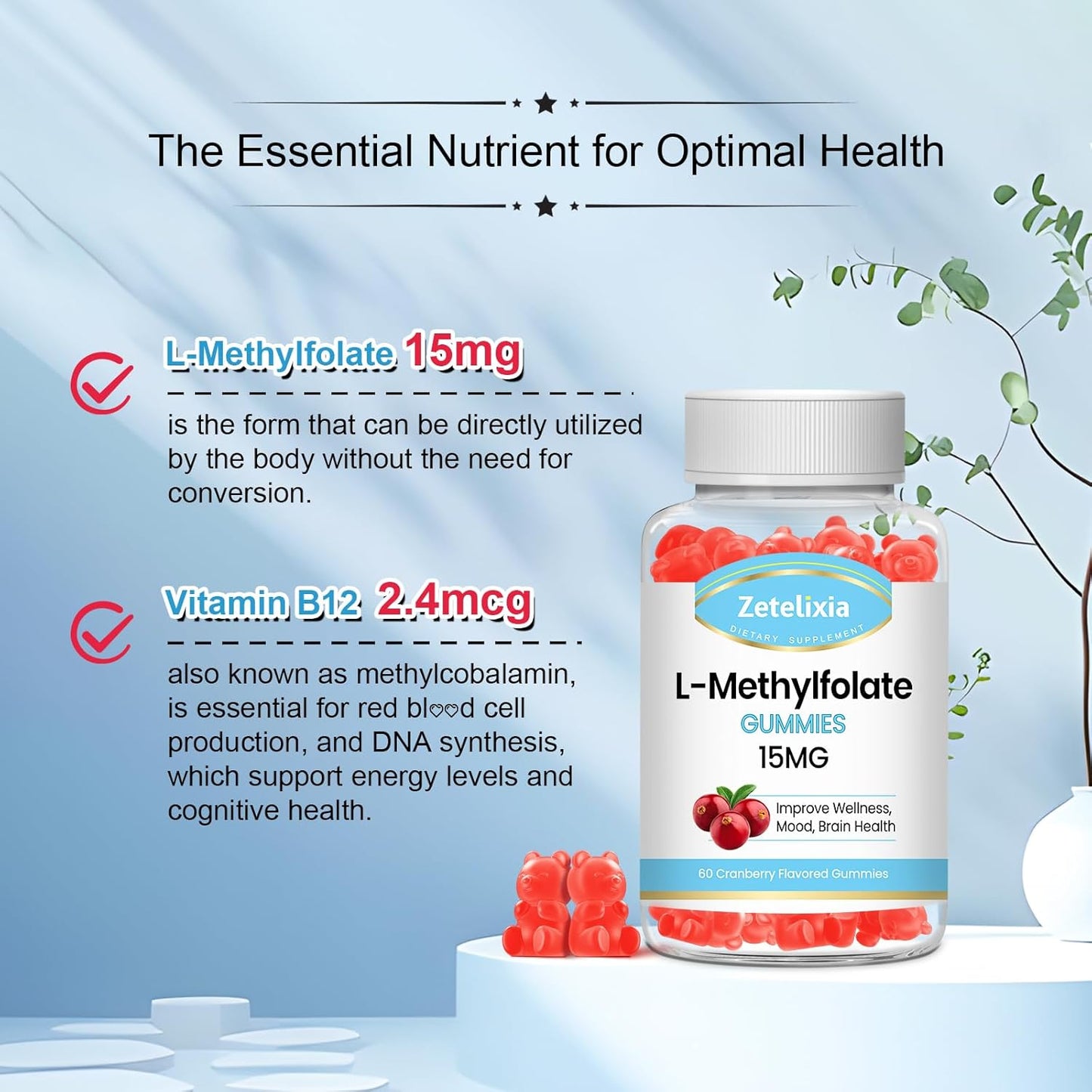 L-Methylfolate Gummies 15mg with Methylated B12 - Supports MTHFR Mutation, Methylation, Mood & Cognition - Vegan Cranberry Flavor - 60 Count