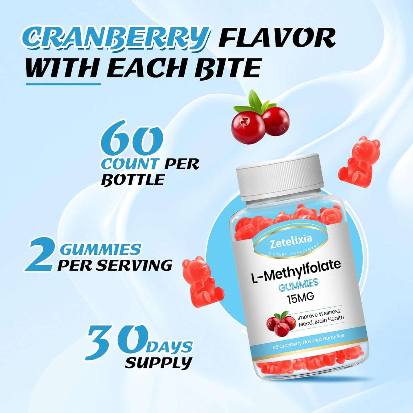 L-Methylfolate Gummies 15mg with Methylated B12 - Supports MTHFR Mutation, Methylation, Mood & Cognition - Vegan Cranberry Flavor - 60 Count
