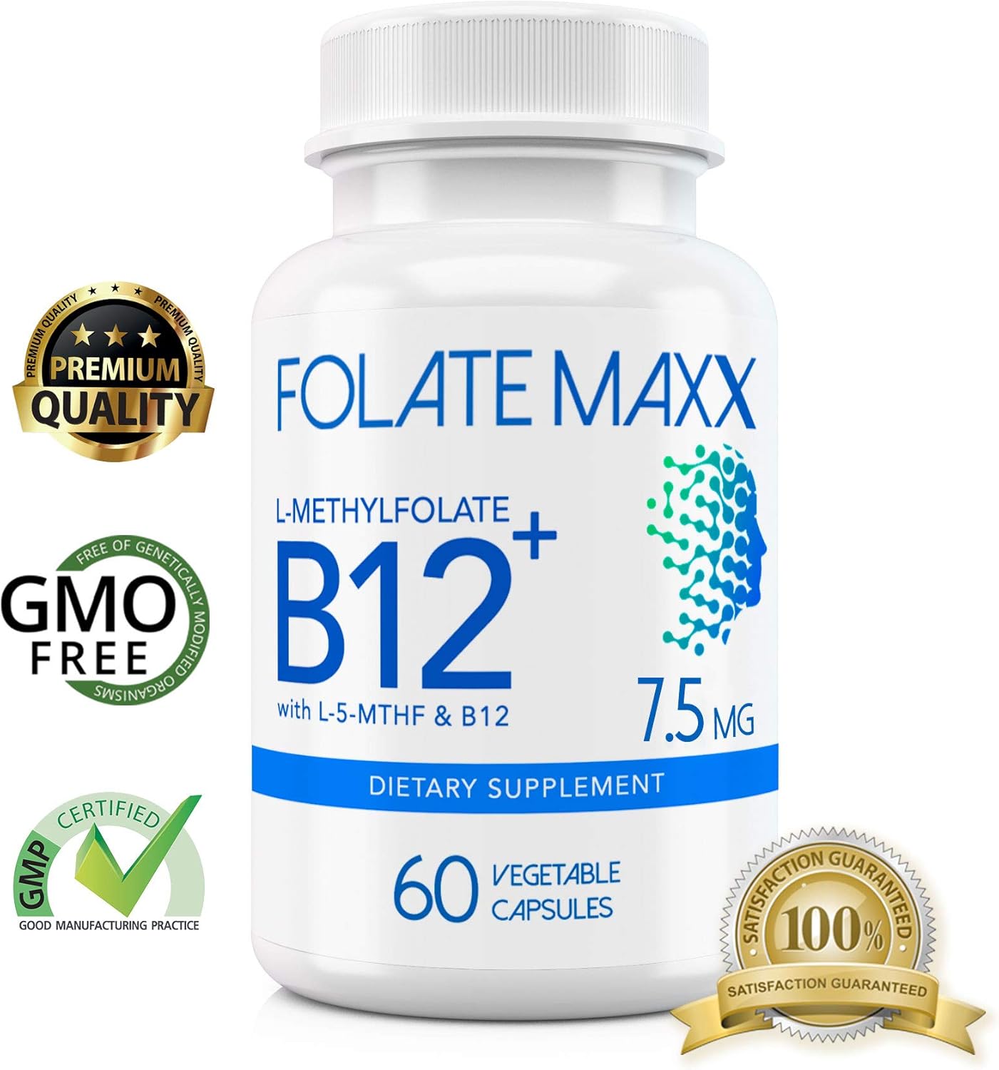 L-Methylfolate & Methylcobalamin Blend 7.5mg - 60 Capsules - Folic Acid & B12 Supplement - Non GMO, Gluten Free - Men & Women