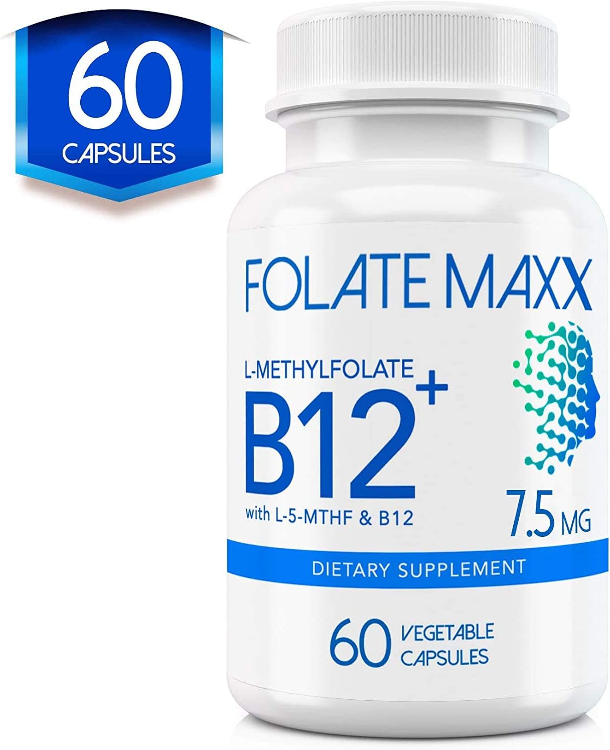 L-Methylfolate & Methylcobalamin Blend 7.5mg - 60 Capsules - Folic Acid & B12 Supplement - Non GMO, Gluten Free - Men & Women