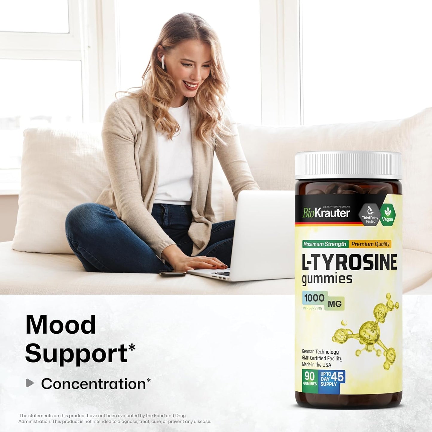 L-Tyrosine Gummies - 1000mg Strength - 90 Vegan Chews for Mood & Cognitive Support