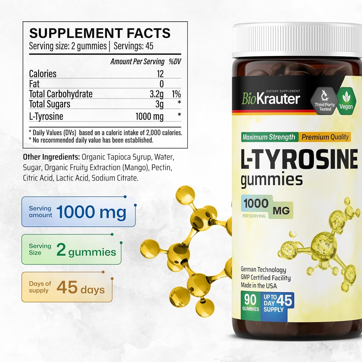 L-Tyrosine Gummies - 1000mg Strength - 90 Vegan Chews for Mood & Cognitive Support