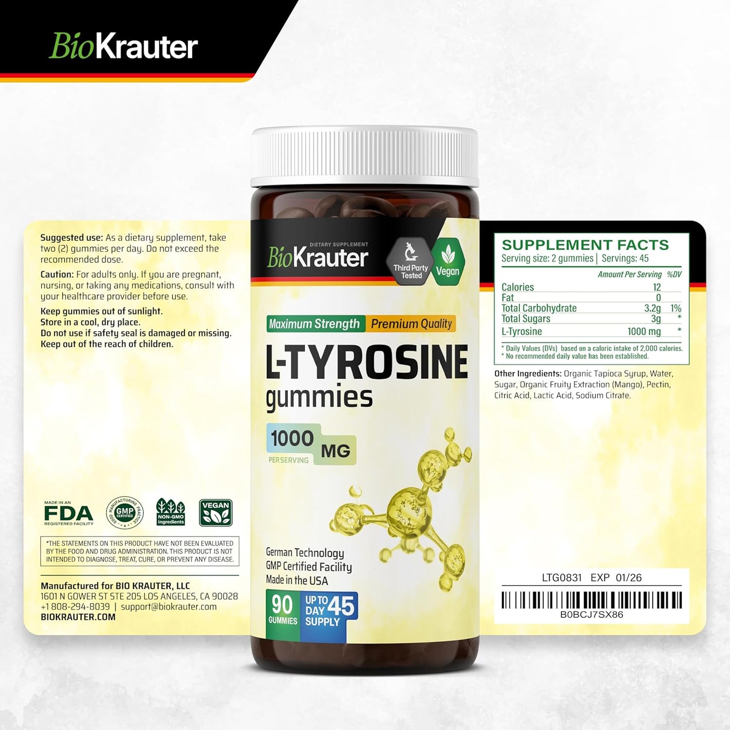 L-Tyrosine Gummies - 1000mg Strength - 90 Vegan Chews for Mood & Cognitive Support