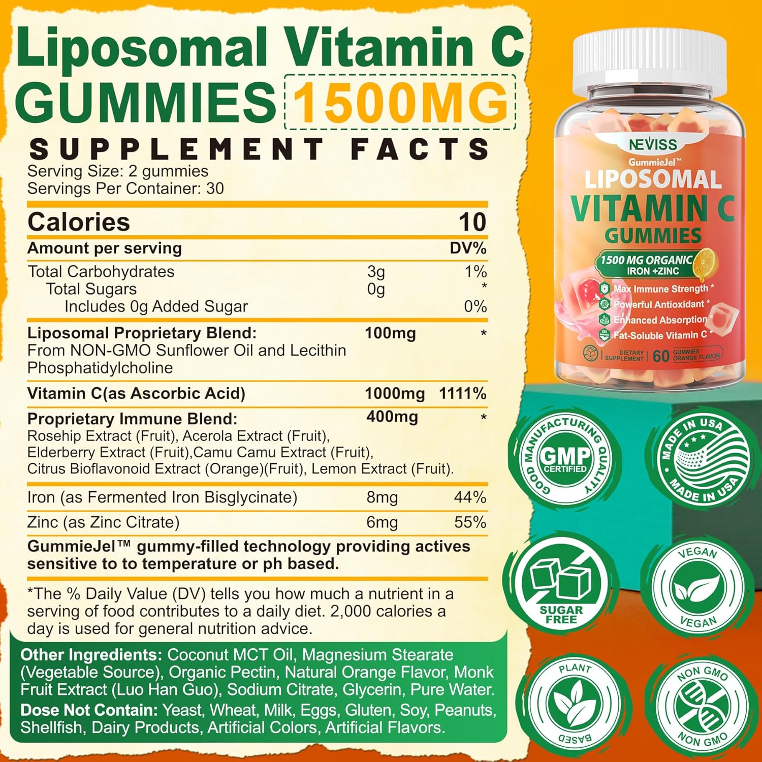 L-Tyrosine Gummies with Liposomal Vitamin C - 1000mg Immune Support Formula