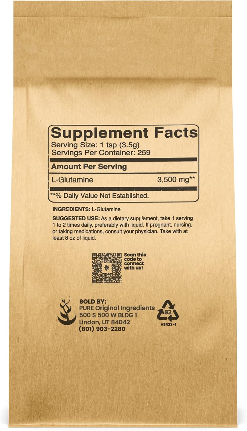 Lab-Verified 2lb L-Glutamine Powder with Pure Original Ingredients - Alpha-Amino Acid Supplement