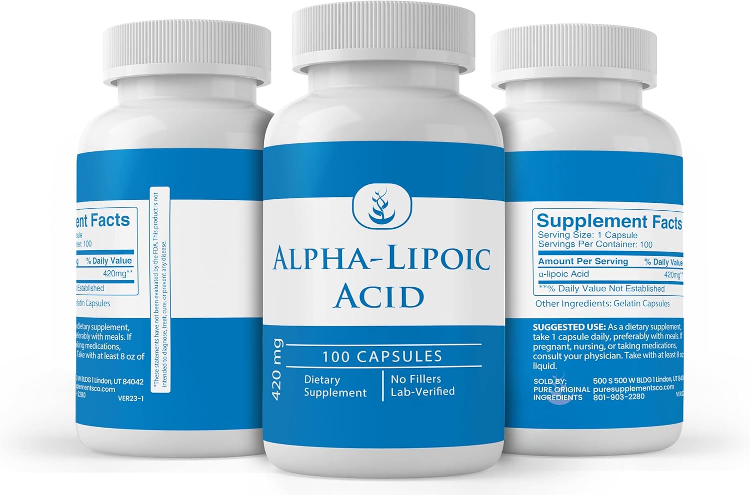 Lab Verified Alpha-Lipoic Acid Capsules - 100 Capsules, Pure Ingredients, No Additives or Fillers