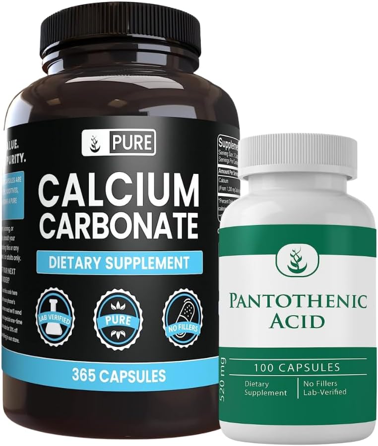 Lab Verified Calcium Carbonate and Pantothenic Acid Bundle with Pure Original Ingredients in Various Amounts