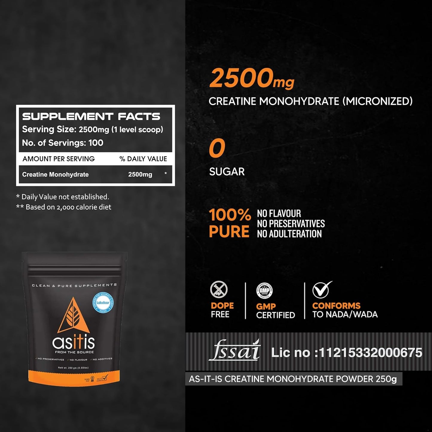 Labdoor Certified AS-IT-IS Creatine Monohydrate 250g: Purity & Accuracy, 2.5g Preworkout Serving, No Fillers