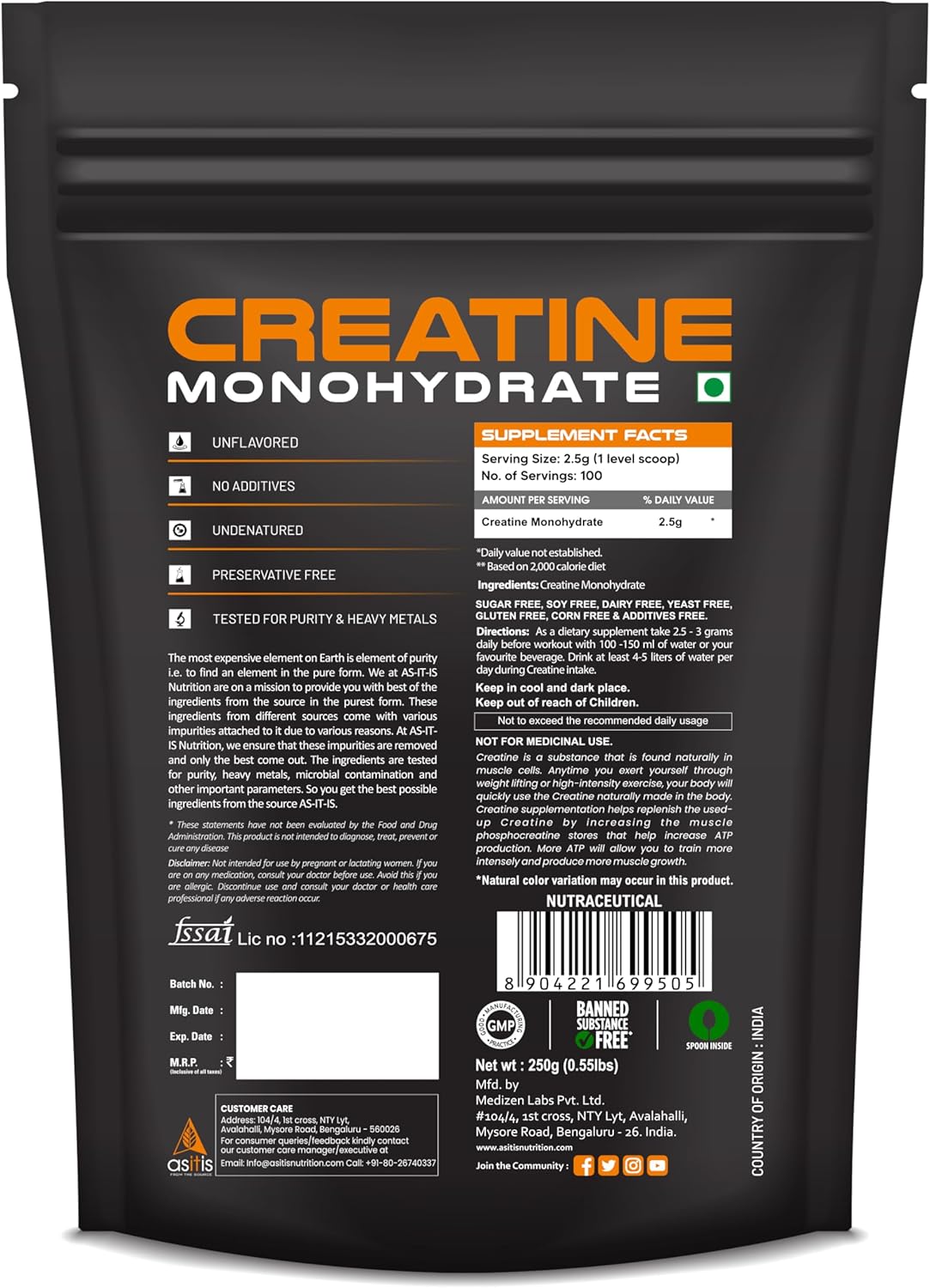 Labdoor Certified AS-IT-IS Creatine Monohydrate 250g: Purity & Accuracy, 2.5g Preworkout Serving, No Fillers
