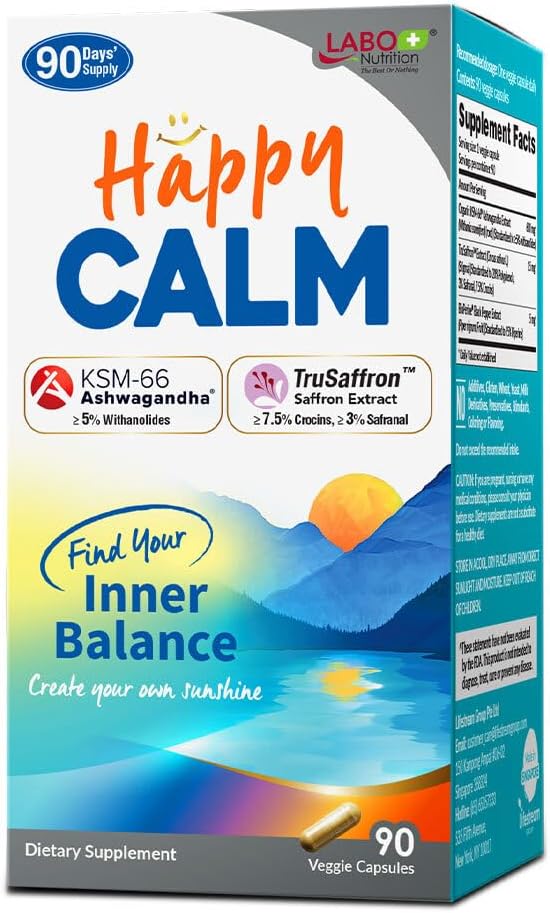 LABO Nutrition Happy Calm Capsules with KSM-66 Ashwagandha & Saffron for Stress Relief, Cognitive Health, Immune Support, Quality Sleep - 90 Vegan Capsules