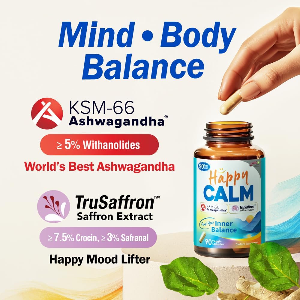 LABO Nutrition Happy Calm Capsules with KSM-66 Ashwagandha & Saffron for Stress Relief, Cognitive Health, Immune Support, Quality Sleep - 90 Vegan Capsules