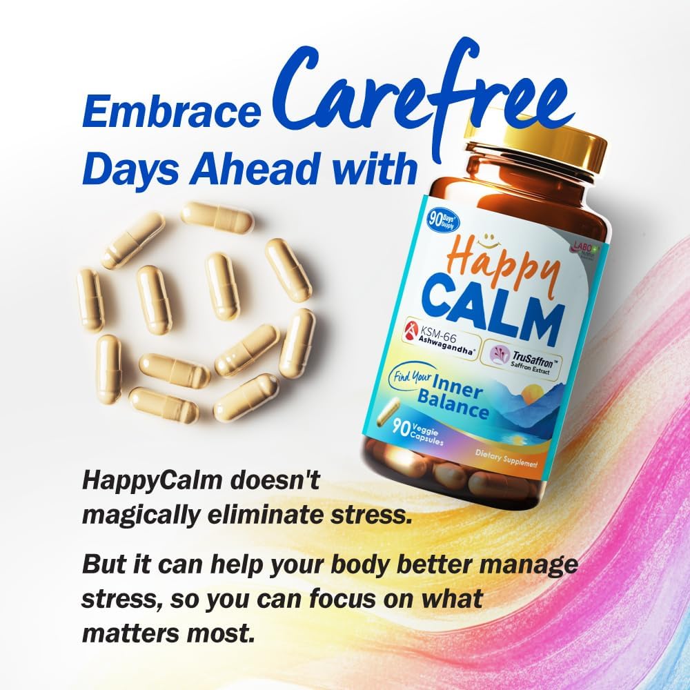 LABO Nutrition Happy Calm Capsules with KSM-66 Ashwagandha & Saffron for Stress Relief, Cognitive Health, Immune Support, Quality Sleep - 90 Vegan Capsules