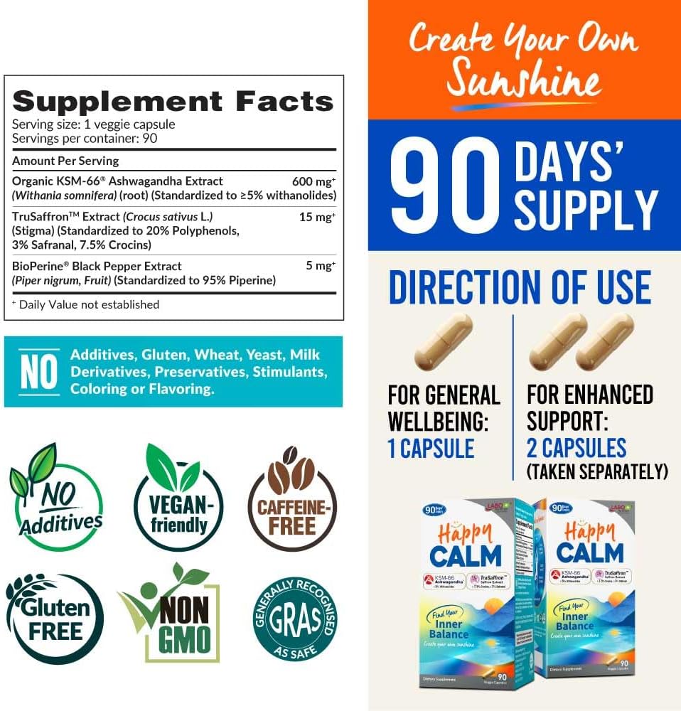 LABO Nutrition Happy Calm Capsules with KSM-66 Ashwagandha & Saffron for Stress Relief, Cognitive Health, Immune Support, Quality Sleep - 90 Vegan Capsules