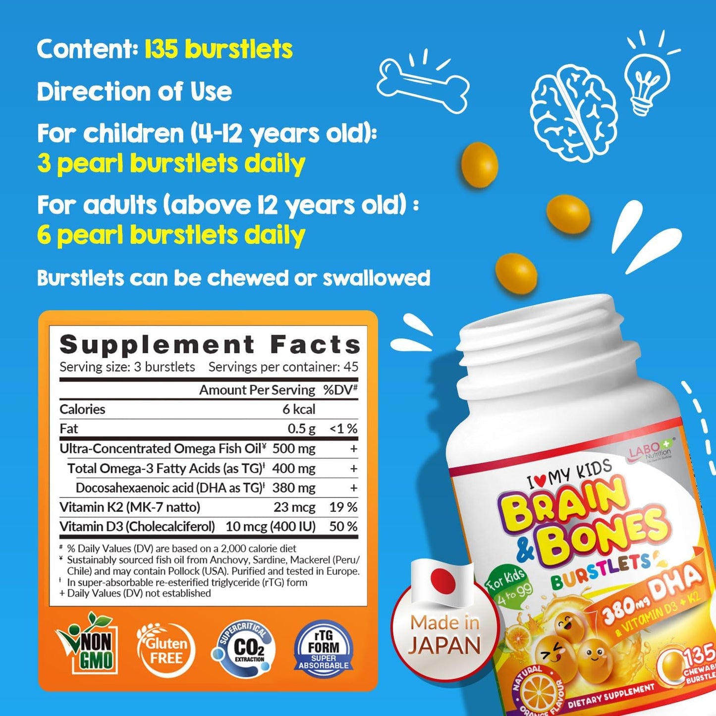 LABO Nutrition Kids Brain & Bones Chewable Burstlet - Gluten Free Omega 3 DHA Fish Oil with Vitamin D3 & K2 for Stronger Bones & Behavioral Management