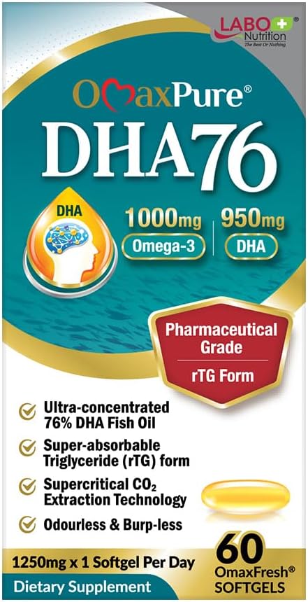 LABO Nutrition OmaxPure DHA76 Omega-3 Fish Oil 950mg, 60 Count - Pharmaceutical Grade, Supercritical CO2 Extracted rTG Formula for Heart, Joint, Brain & Immune Health