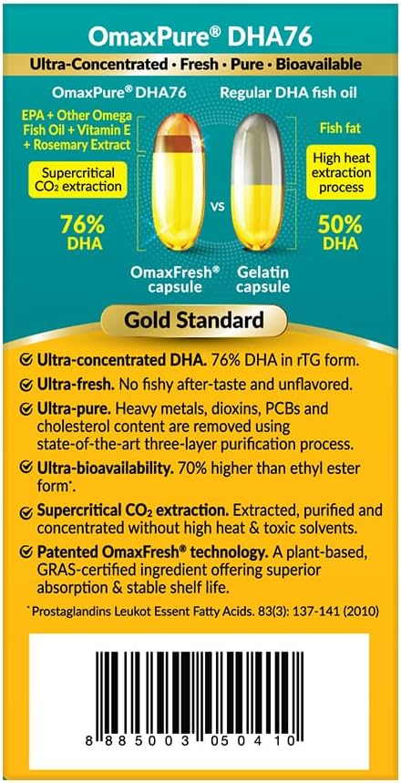 LABO Nutrition OmaxPure DHA76 Omega-3 Fish Oil 950mg, 60 Count - Pharmaceutical Grade, Supercritical CO2 Extracted rTG Formula for Heart, Joint, Brain & Immune Health