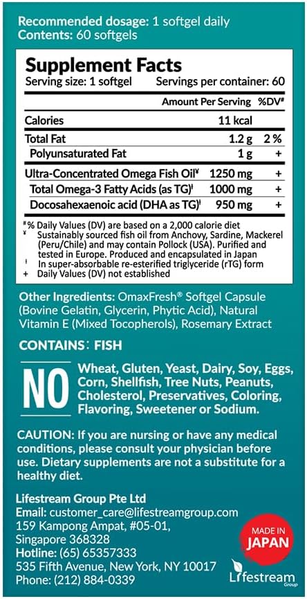 LABO Nutrition OmaxPure DHA76 Omega-3 Fish Oil 950mg, 60 Count - Pharmaceutical Grade, Supercritical CO2 Extracted rTG Formula for Heart, Joint, Brain & Immune Health