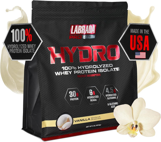 Labrada Hydro 100% Pure Hydrolyzed Whey Protein Isolate Powder - Lactose Free, Fast Digesting, Delicious Vanilla Flavor - 48 Servings 4lb