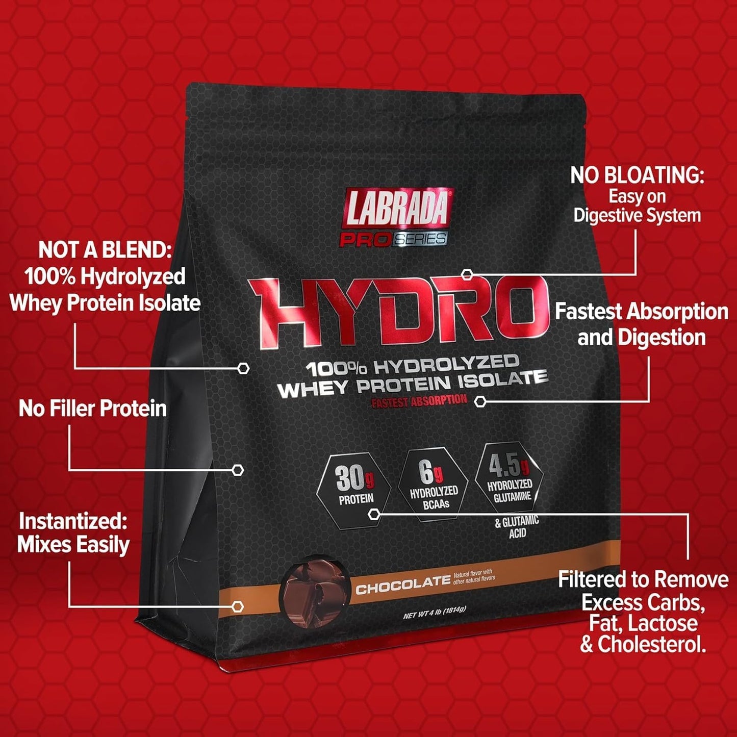 Labrada Hydro 100% Pure Hydrolyzed Whey Protein Isolate Powder - Lactose Free, Fast Digesting, Chocolate Flavor - 47 Servings, 4lb