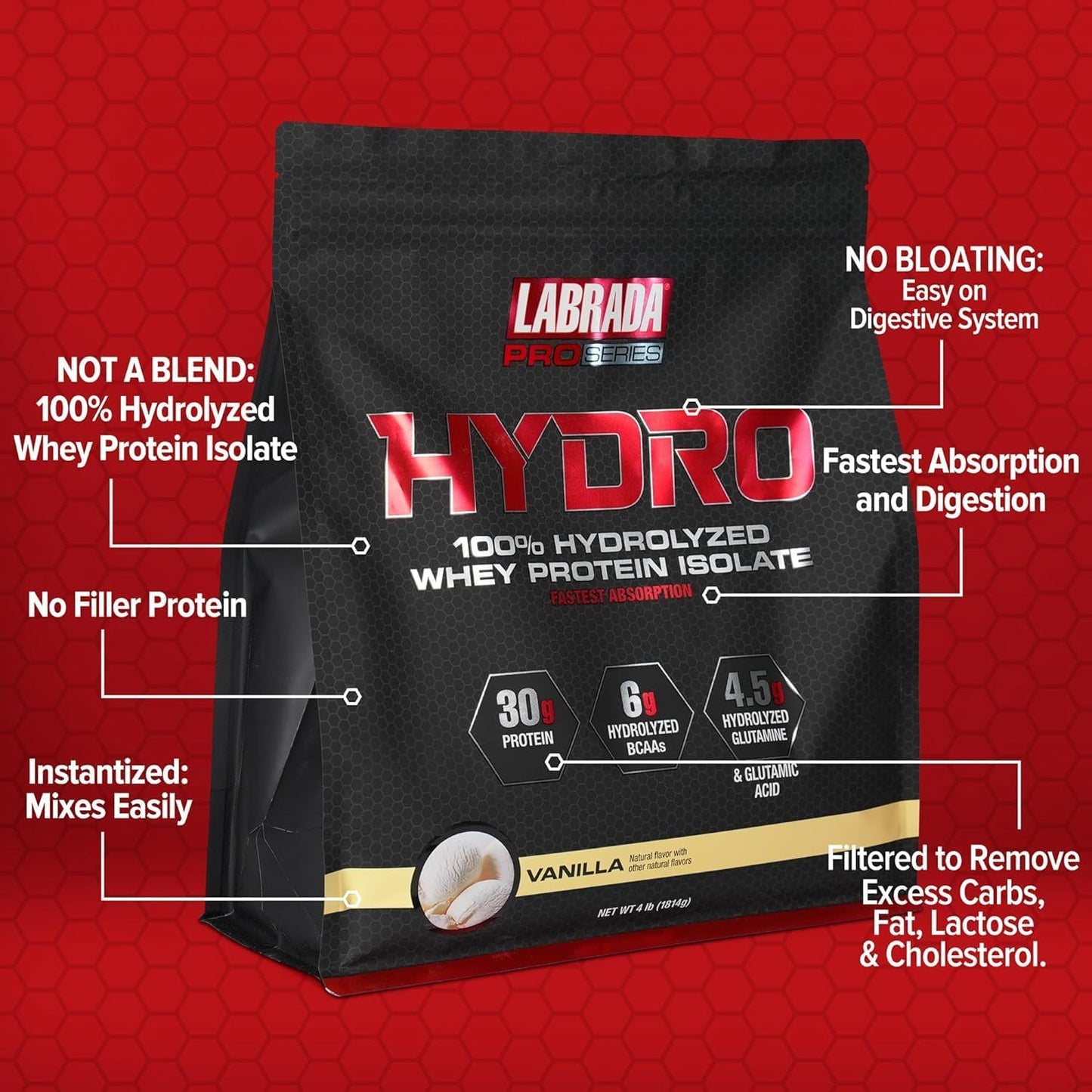 Labrada Hydro 100% Pure Hydrolyzed Whey Protein Isolate Powder - Lactose Free, Fast Digesting, Delicious Vanilla Flavor - 48 Servings 4lb
